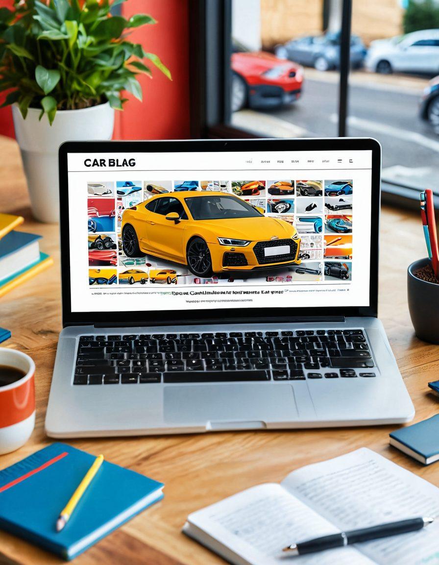 An open laptop displaying a vibrant car blog interface with engaging articles about cars and English learning. Surrounding the laptop are colorful automotive-themed elements like miniature cars, books with English vocabulary, and a coffee cup. A bright and organized workspace enhances the scene, symbolizing creativity and knowledge. The background features a sleek modern desk and a subtle hint of automotive symbols. vector art. vibrant colors.