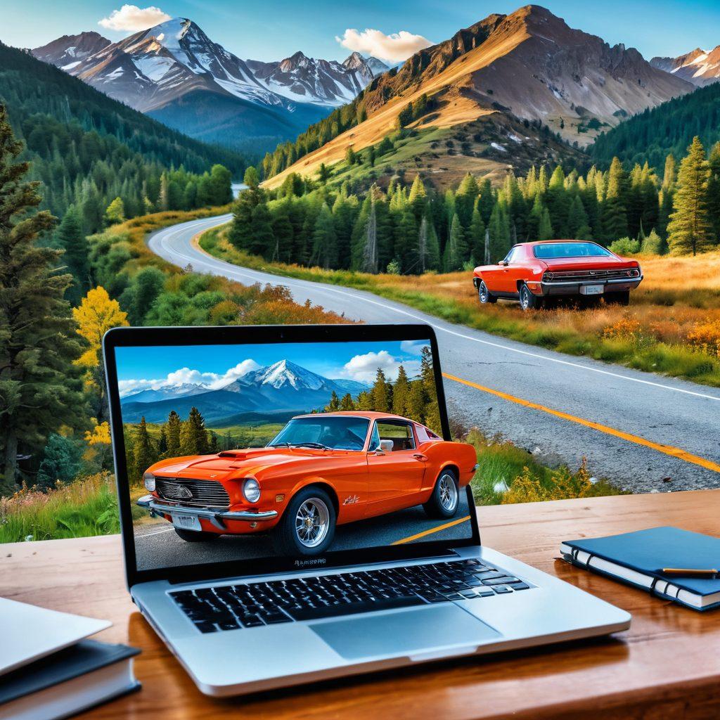 A dynamic scene featuring a classic car on an open road, with a winding path representing the journey of automotive blogging. In the foreground, an open laptop displaying a vibrant blog page about cars and language learning. Include a scenic backdrop of mountains and trees that symbolize knowledge and adventure. Incorporate elements like gears and books subtly blended into the landscape. super-realistic. vibrant colors.